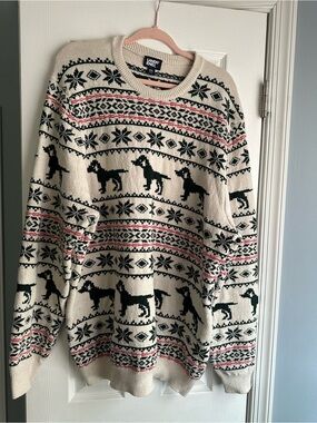 Lands' End Cream Crewneck Sweater with Black Dog Fair Isle and Red Accents